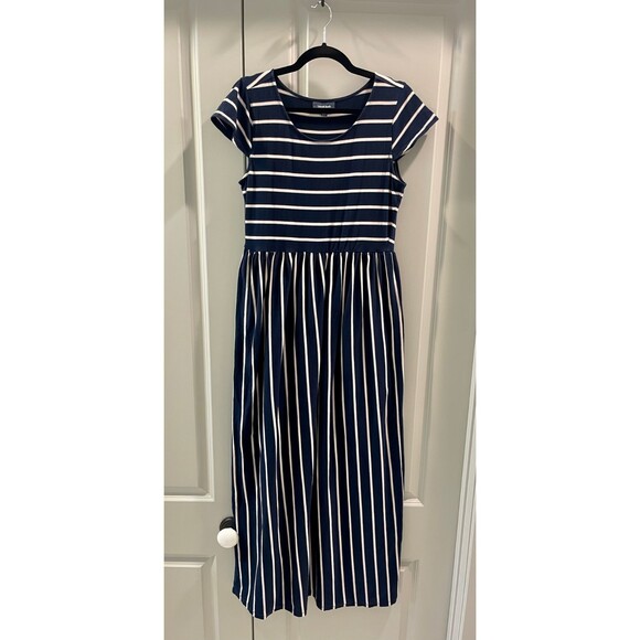 MODCLOTH Jersey Knit Navy Striped Maxi, Sz L - Picture 2 of 7